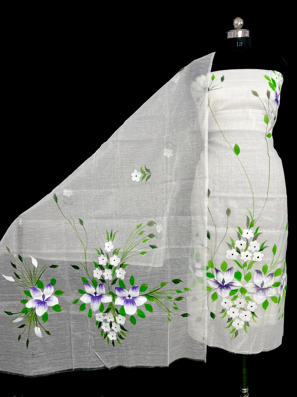 Women's White Kota Doria Hand Brush Printed Unstitched Suit