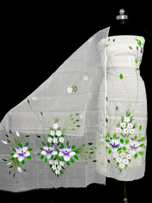 Women's White Kota Doria Hand Brush Printed Unstitched Suit