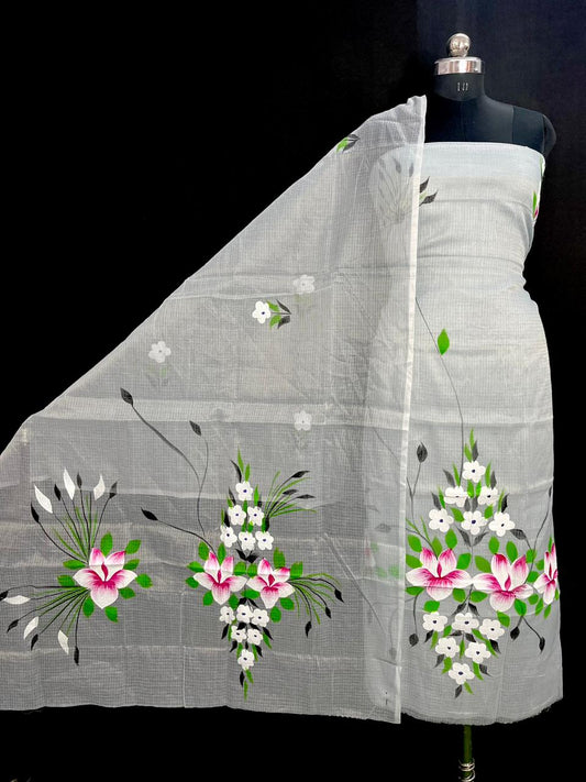 Elegant White Kota Doria Hand Brush Print Dress Material