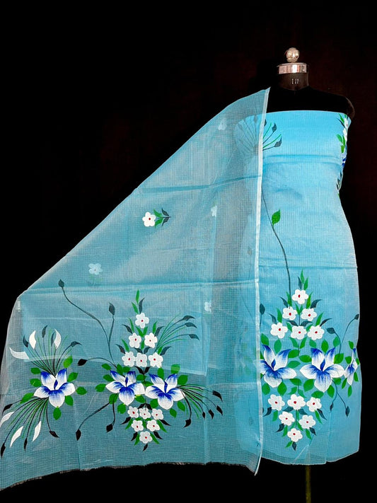 Premium Blue Kota Doria Hand Brush Printed Unstitched Suit for Women