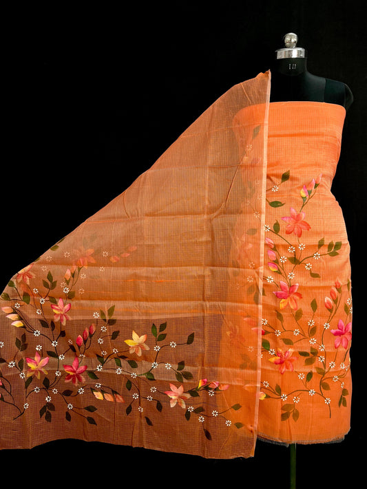 Festive Wear Dark Orange Kota Doria Hand Brush Print Suit Set with Dupatta