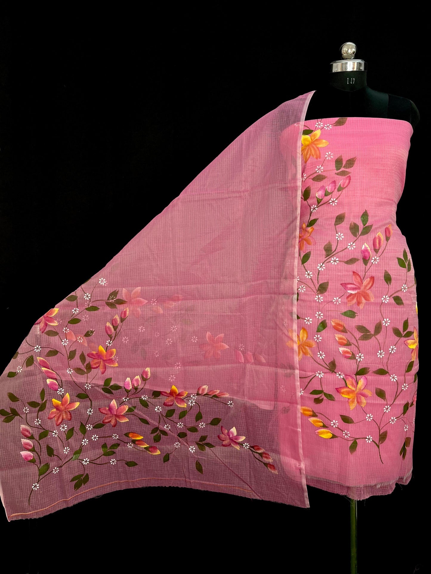 Elegant Pink Kota Doria Hand Brush Print Dress Material