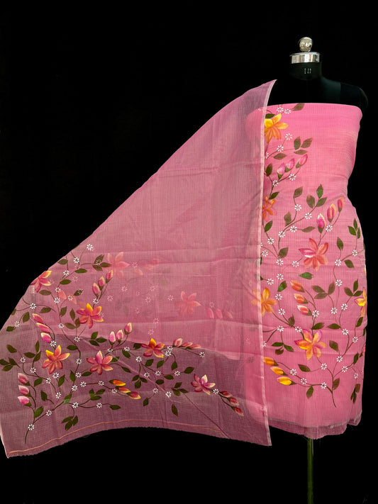Elegant Pink Kota Doria Hand Brush Print Dress Material
