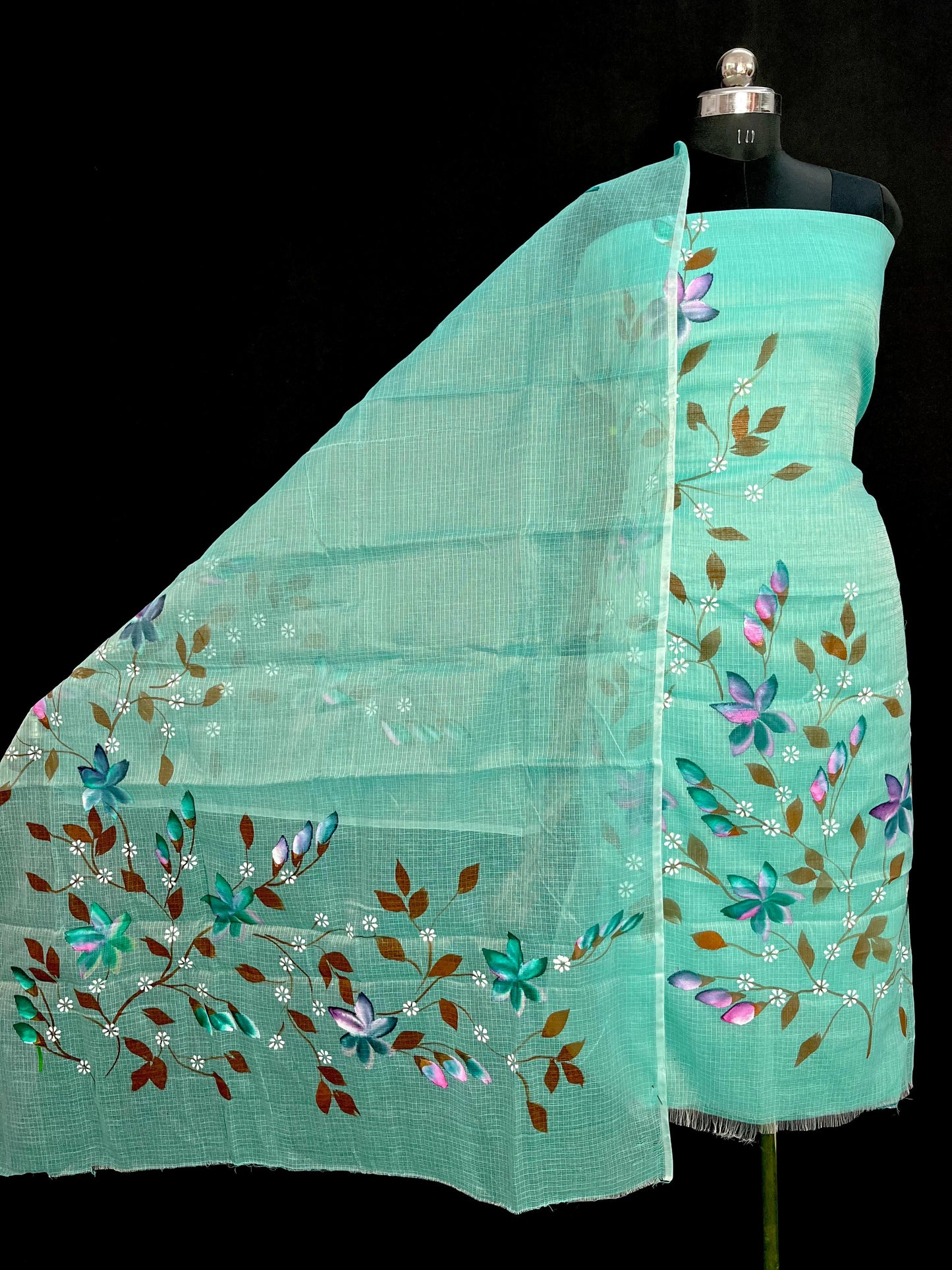Designer Sky Blue Kota Doria Hand Brush Print Suit Collection