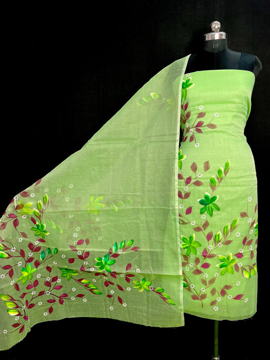 Premium Pista Green Kota Doria Hand Brush Printed Unstitched Suit for Women