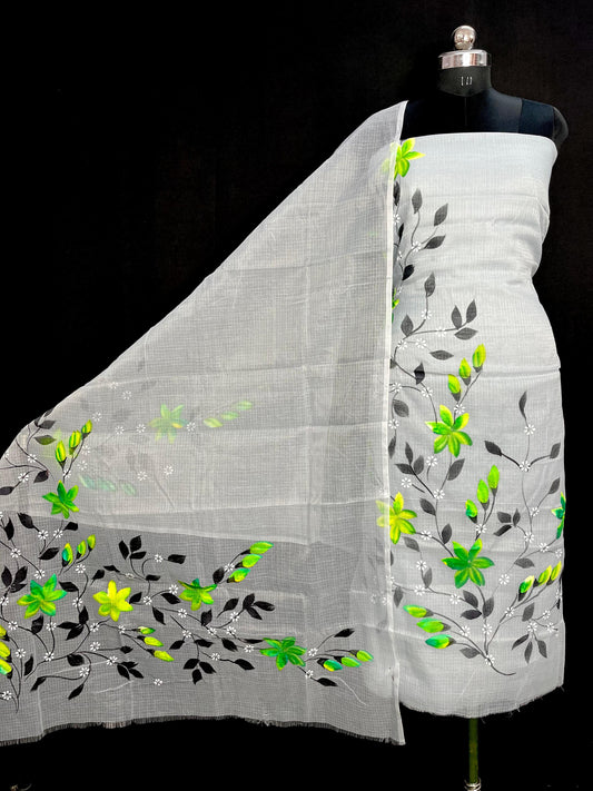 Elegant White Kota Doria Hand Brush Print Dress Material