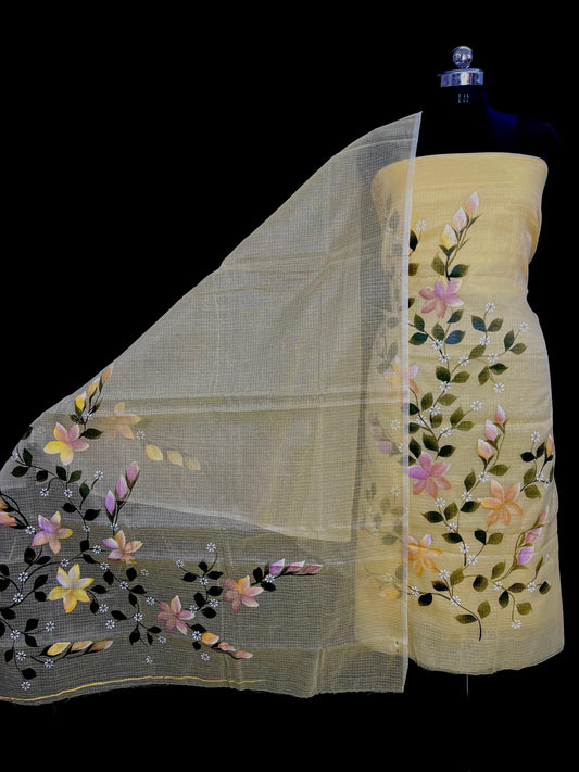 Festive Wear Beige Kota Doria Hand Brush Print Suit Set with Dupatta