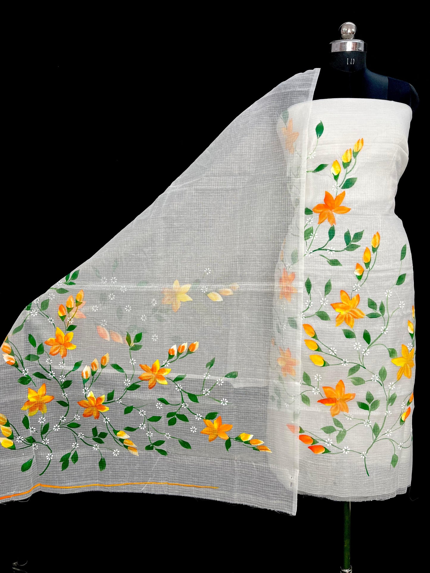 Designer White Kota Doria Hand Brush Print Suit Collection
