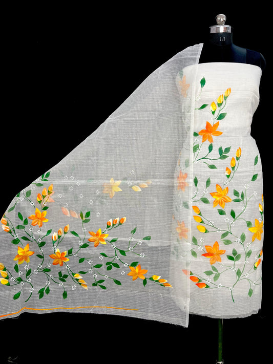 Designer White Kota Doria Hand Brush Print Suit Collection