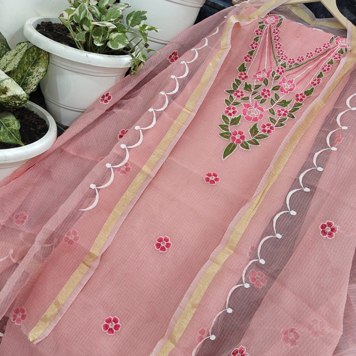 Traditional Pink Kota Doria Embroidery Salwar Suit Set