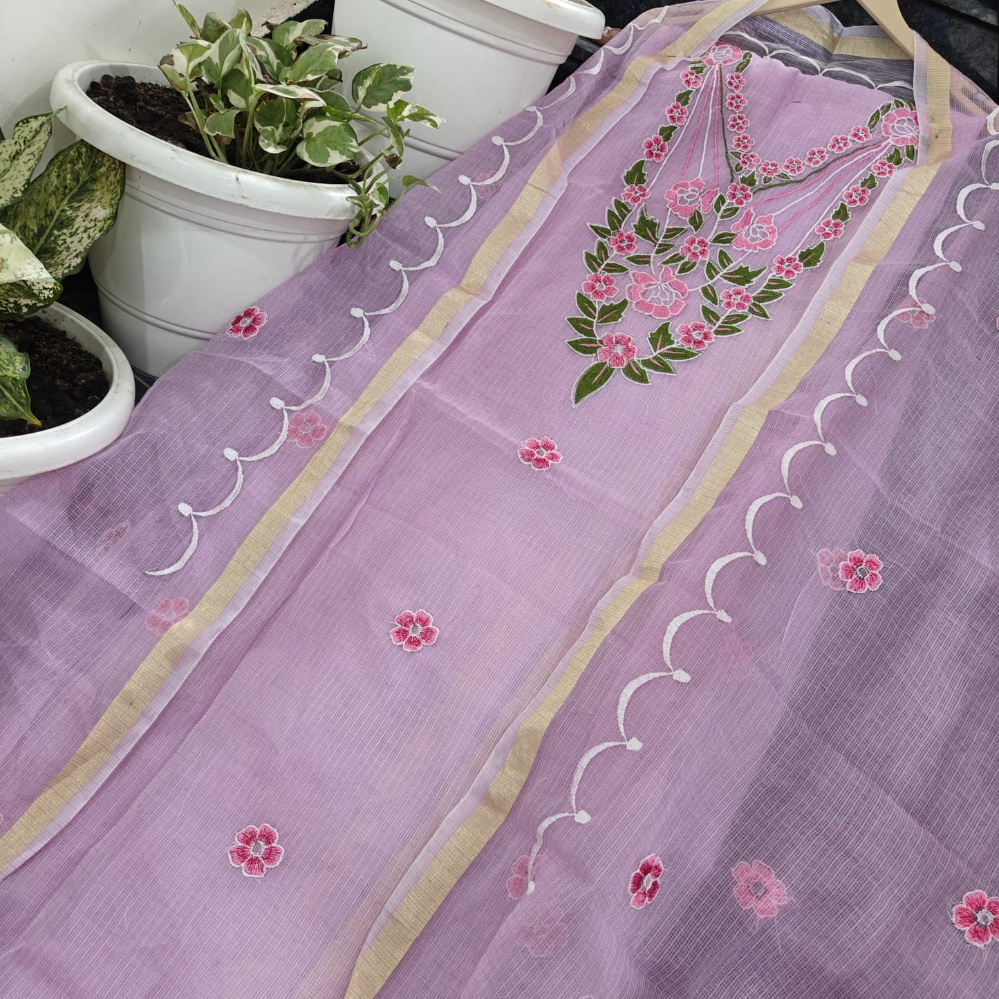 Traditional Purple Kota Doria Embroidery Salwar Suit Set