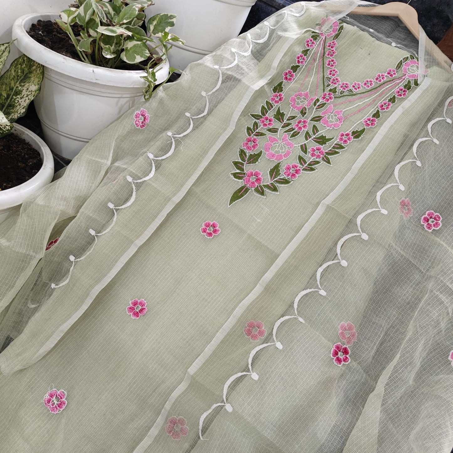Festive Wear Sage Green Kota Doria Embroidery Suit Set with Dupatta