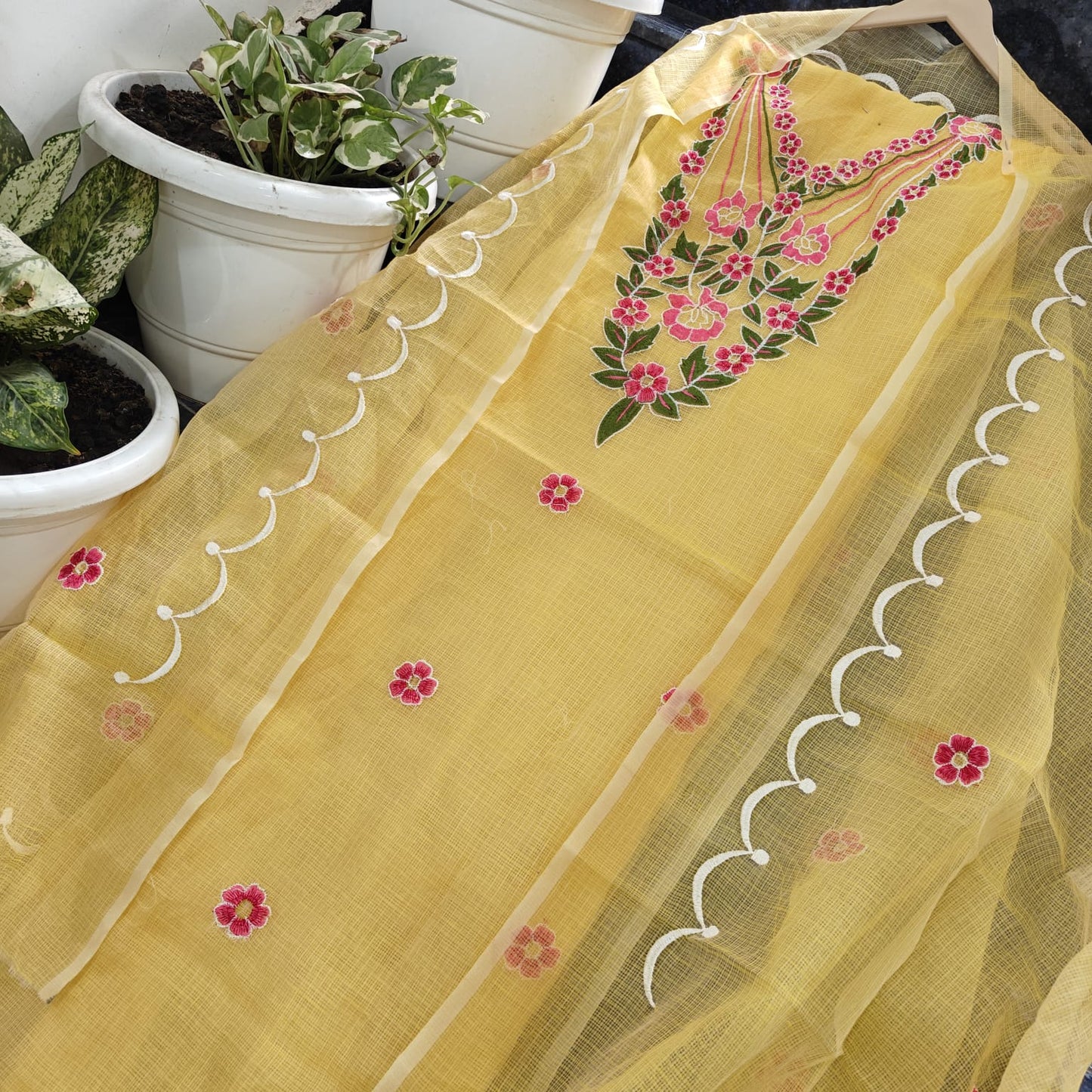 Premium Yellow Kota Doria Embroidery Unstitched Suit for Women