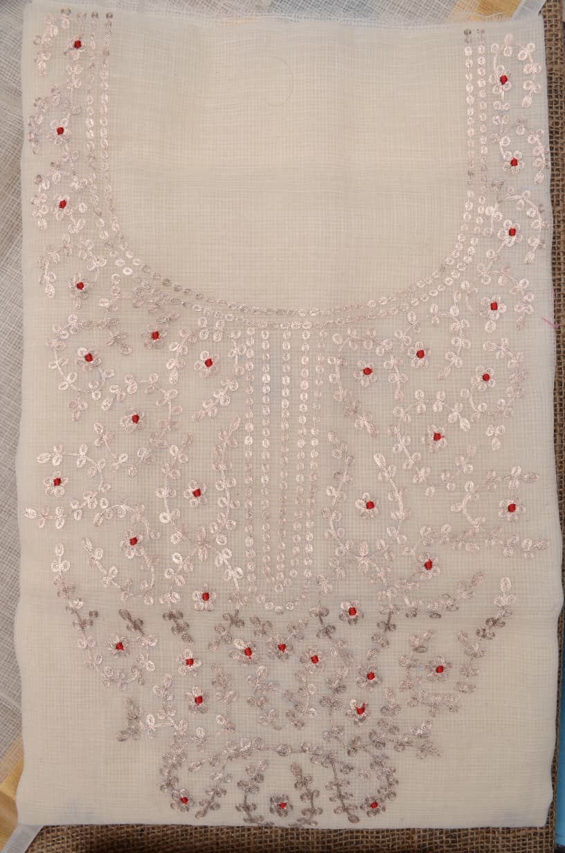 Elegant White Kota Doria Hand Pittan Work Dress Material