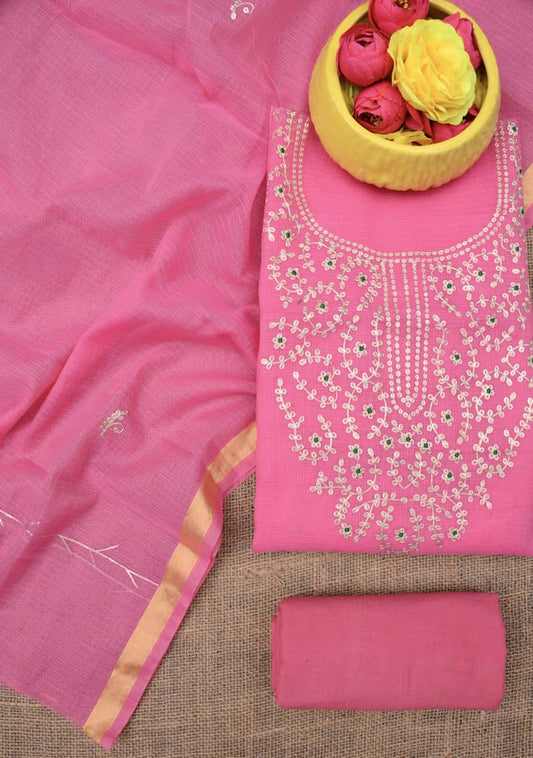 Premium Pink Kota Doria Hand Pittan Work Unstitched Suit for Women