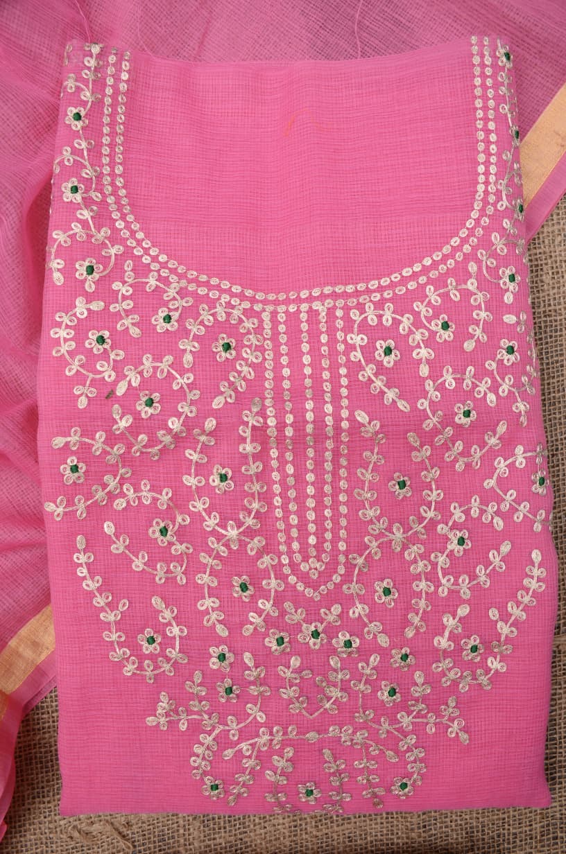 Premium Pink Kota Doria Hand Pittan Work Unstitched Suit for Women