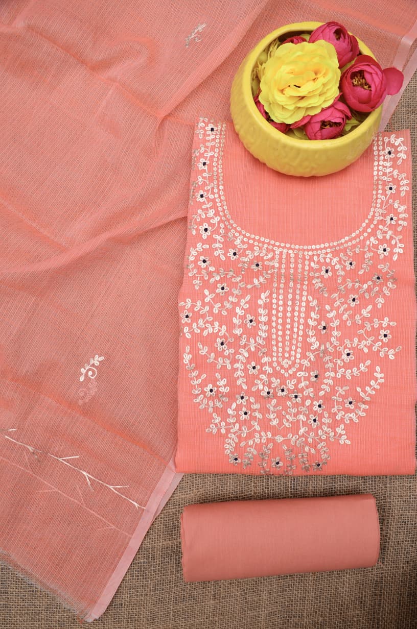 Festive Wear Peach Kota Doria Hand Pittan Work Suit Set