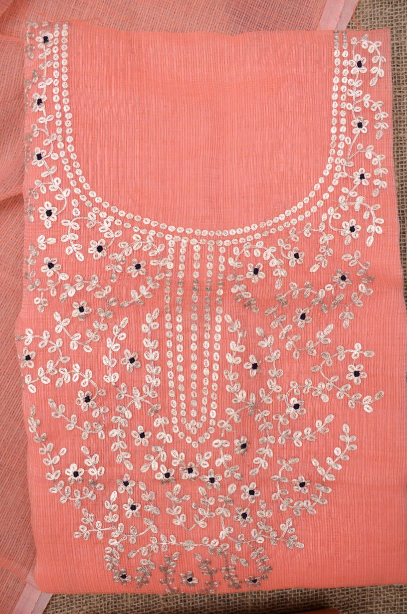 Festive Wear Peach Kota Doria Hand Pittan Work Suit Set