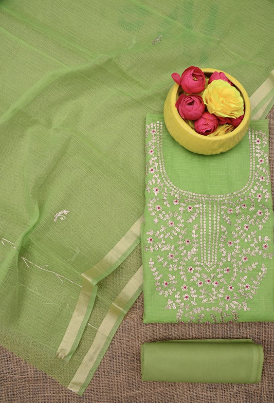 Traditional Green Kota Doria Hand Pittan Work Salwar Suit Set
