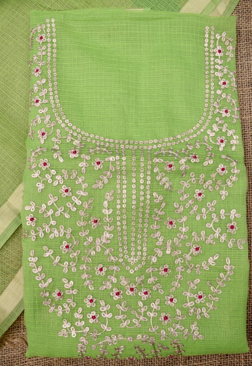Traditional Green Kota Doria Hand Pittan Work Salwar Suit Set