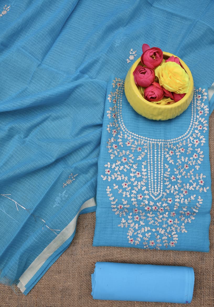 Elegant Blue Kota Doria Hand Pittan Work Dress Material
