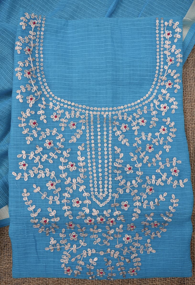 Elegant Blue Kota Doria Hand Pittan Work Dress Material