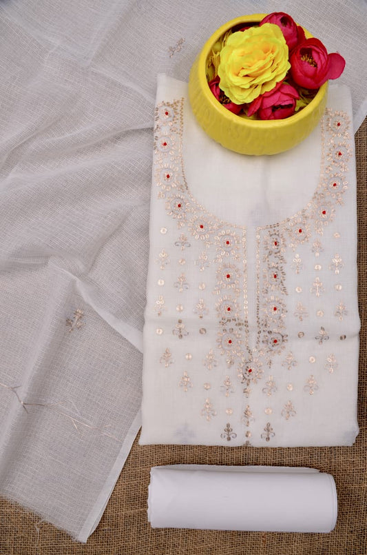 Designer White Kota Doria Hand Pittan Work Suit Collection
