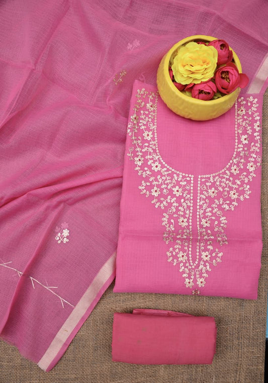 Designer Pink Kota Doria Hand Pittan Work Suit Collection