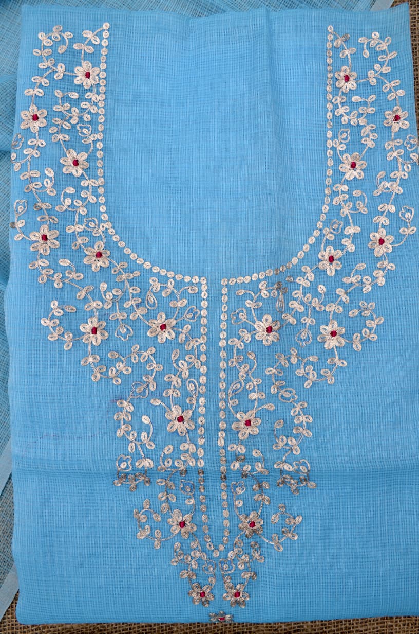 Designer Blue Kota Doria Hand Pittan Work Suit Collection