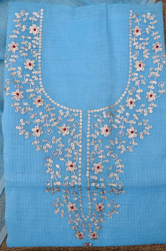 Designer Blue Kota Doria Hand Pittan Work Suit Collection