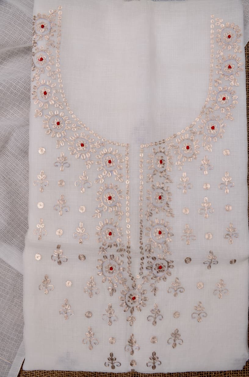 Designer White Kota Doria Hand Pittan Work Suit Collection