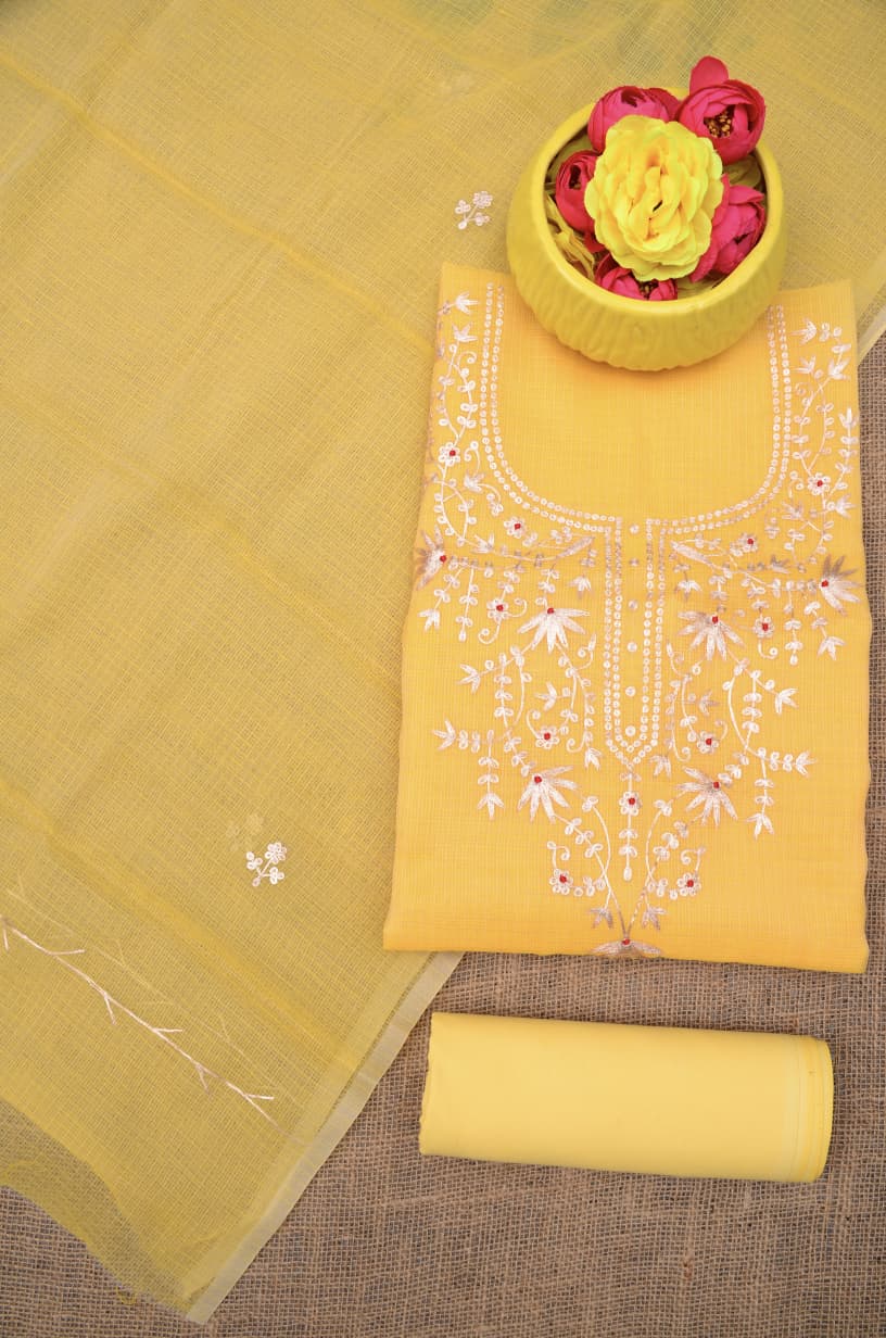 Elegant Yellow Kota Doria Hand Pittan Work Dress Material