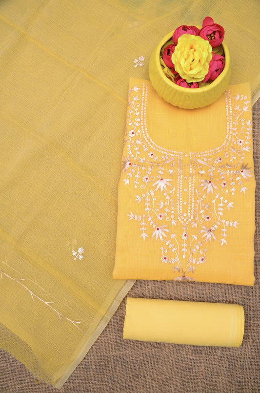 Elegant Yellow Kota Doria Hand Pittan Work Dress Material