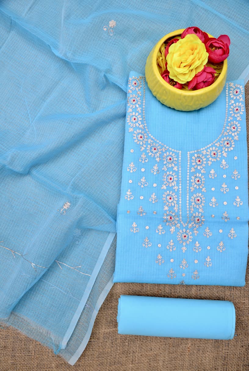 Premium Blue Kota Doria Hand Pittan Work Unstitched Suit for Women