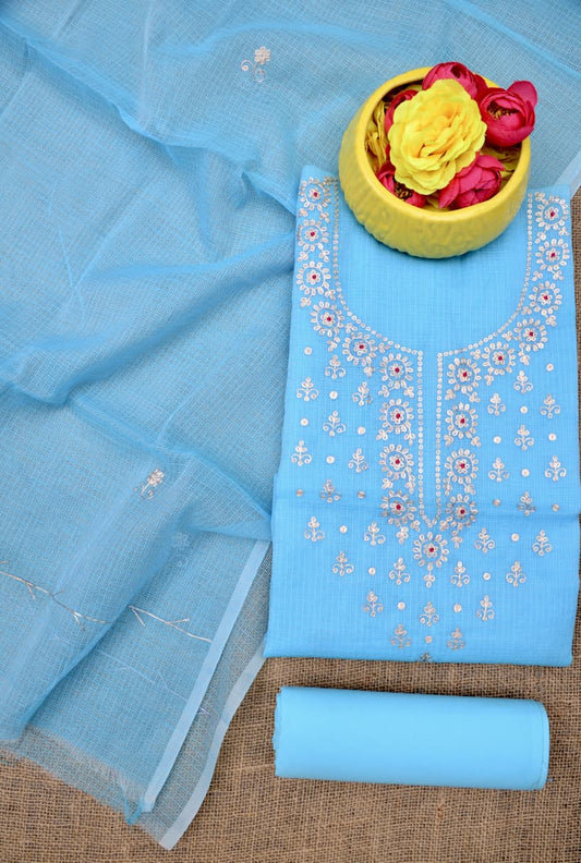 Premium Blue Kota Doria Hand Pittan Work Unstitched Suit for Women