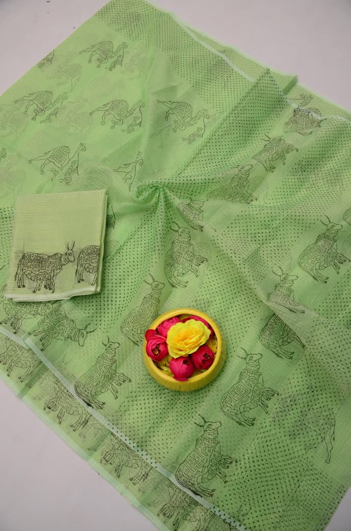 Premium Light Green Kota Doria Tissue Saree with Matching Blouse