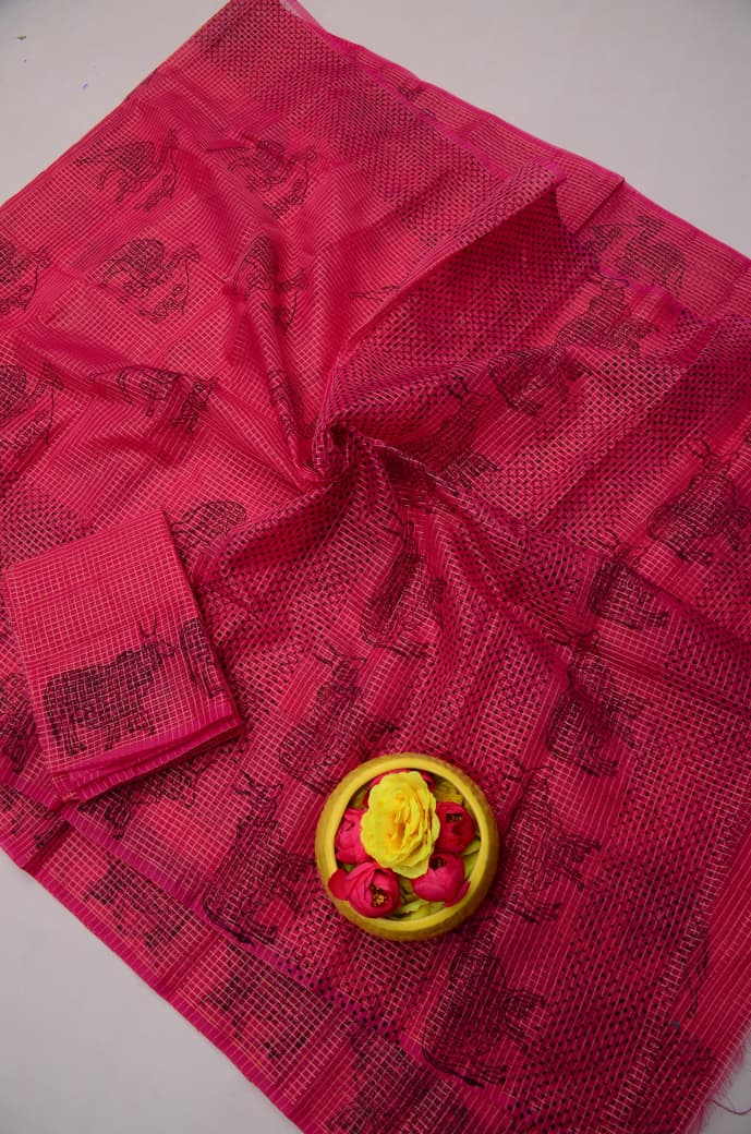 Designer Dark Pink Hand Block Print Kota Doria Tissue Saree