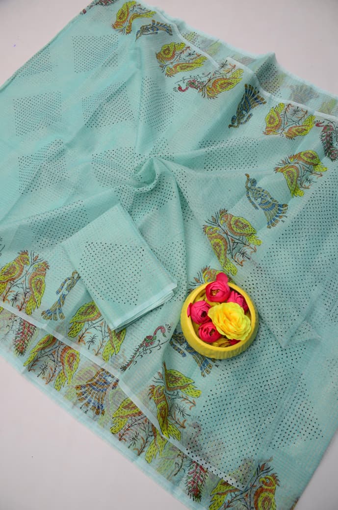Designer Light Blue Hand Block Print Kota Doria Tissue Saree