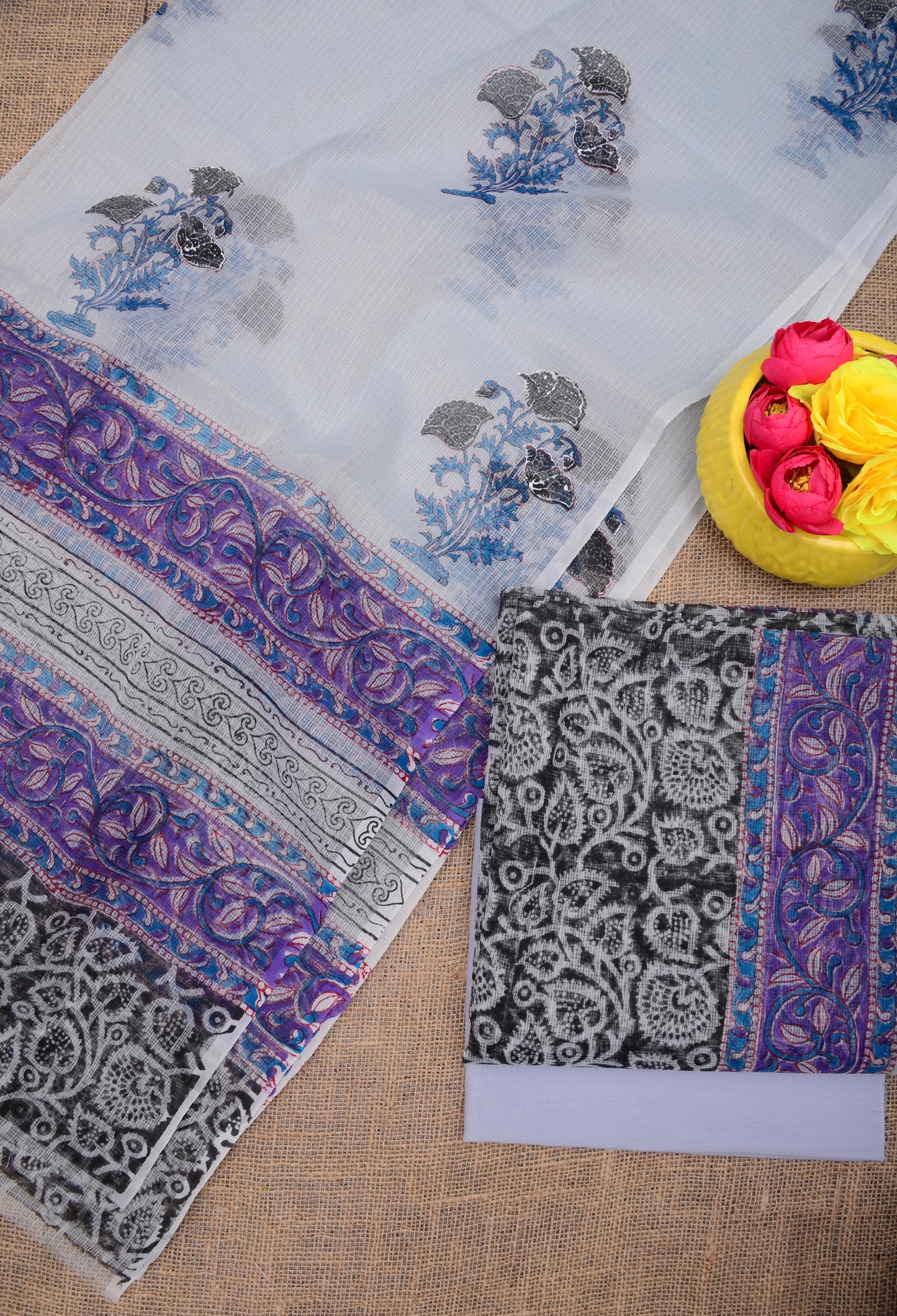 Elegant Light Grey Kota Doria Hand Block Print Dress Material