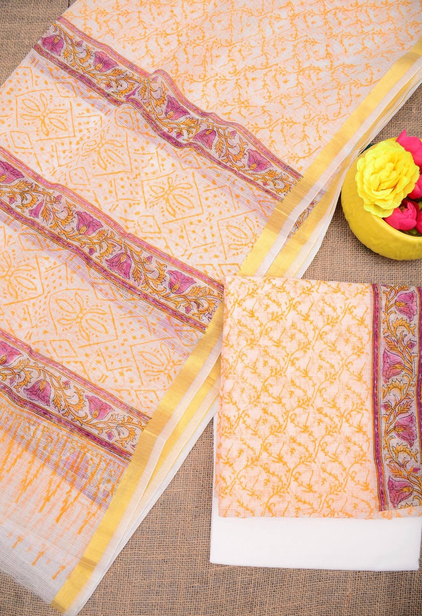Designer Cream Kota Doria Hand Block Print Suit Collection