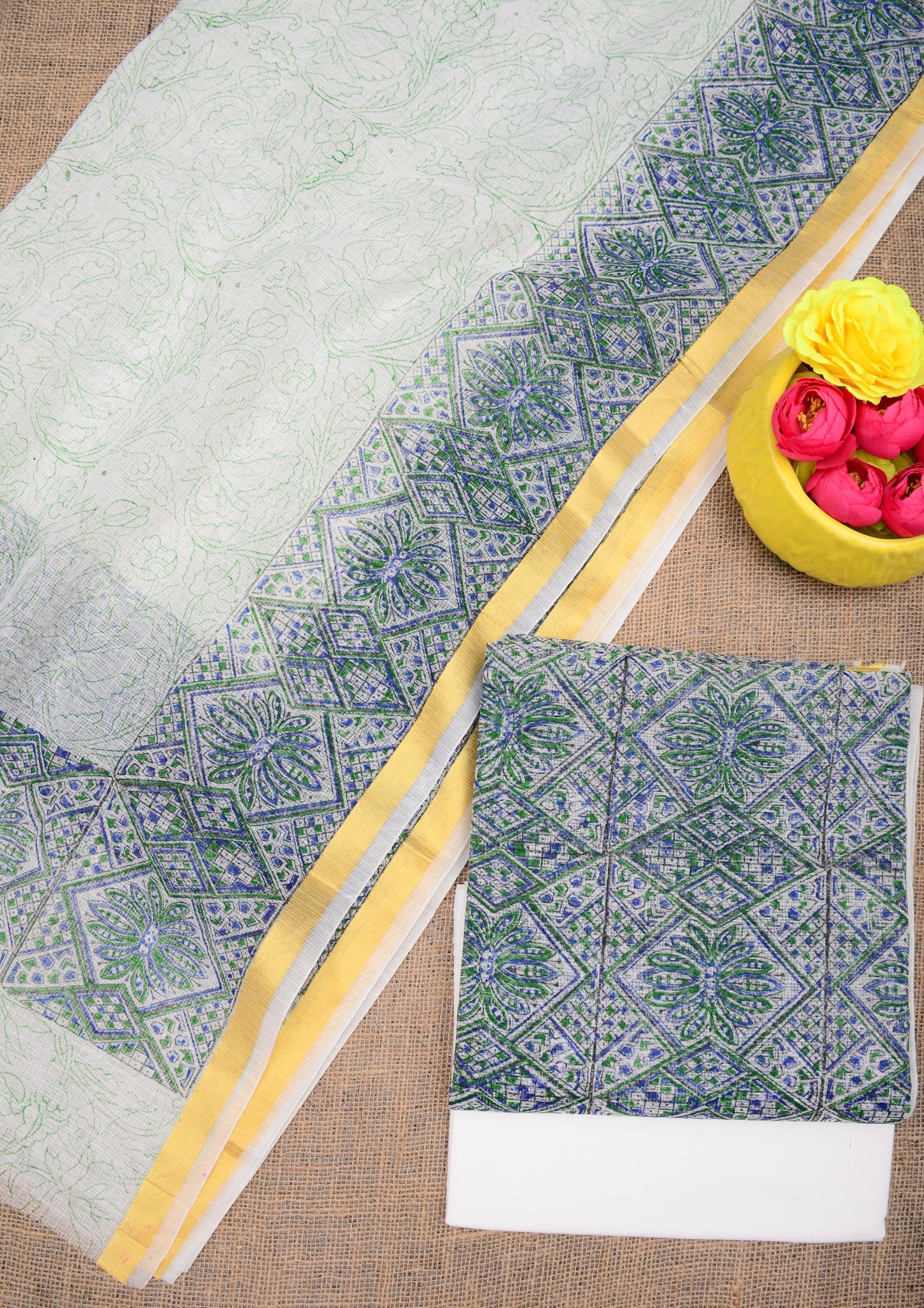 Premium Subtle Green Kota Doria Printed Unstitched Suit for Women