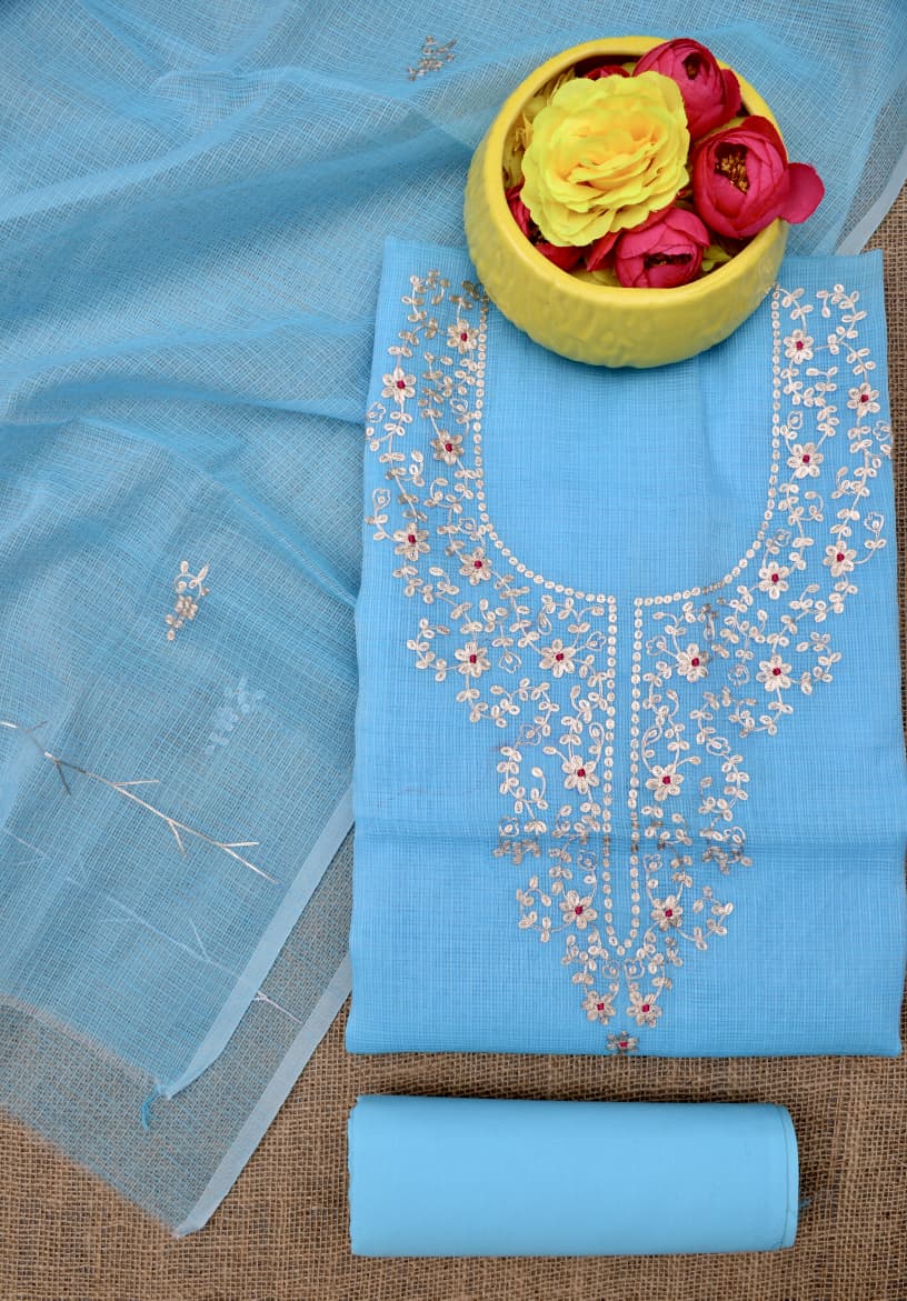 Designer Blue Kota Doria Hand Pittan Work Suit Collection